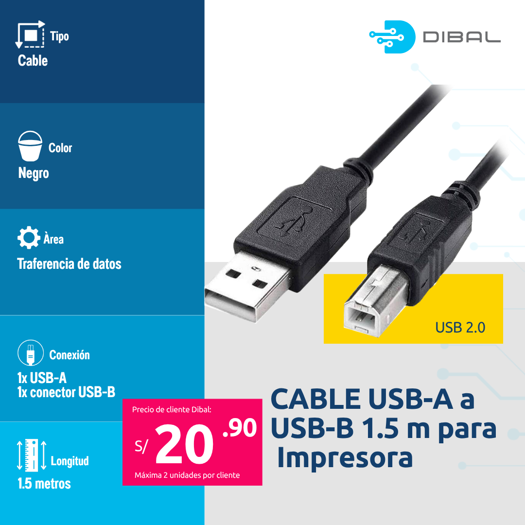 CABLE USB-A a USB-B 1.5 m DELCOM para Impresora