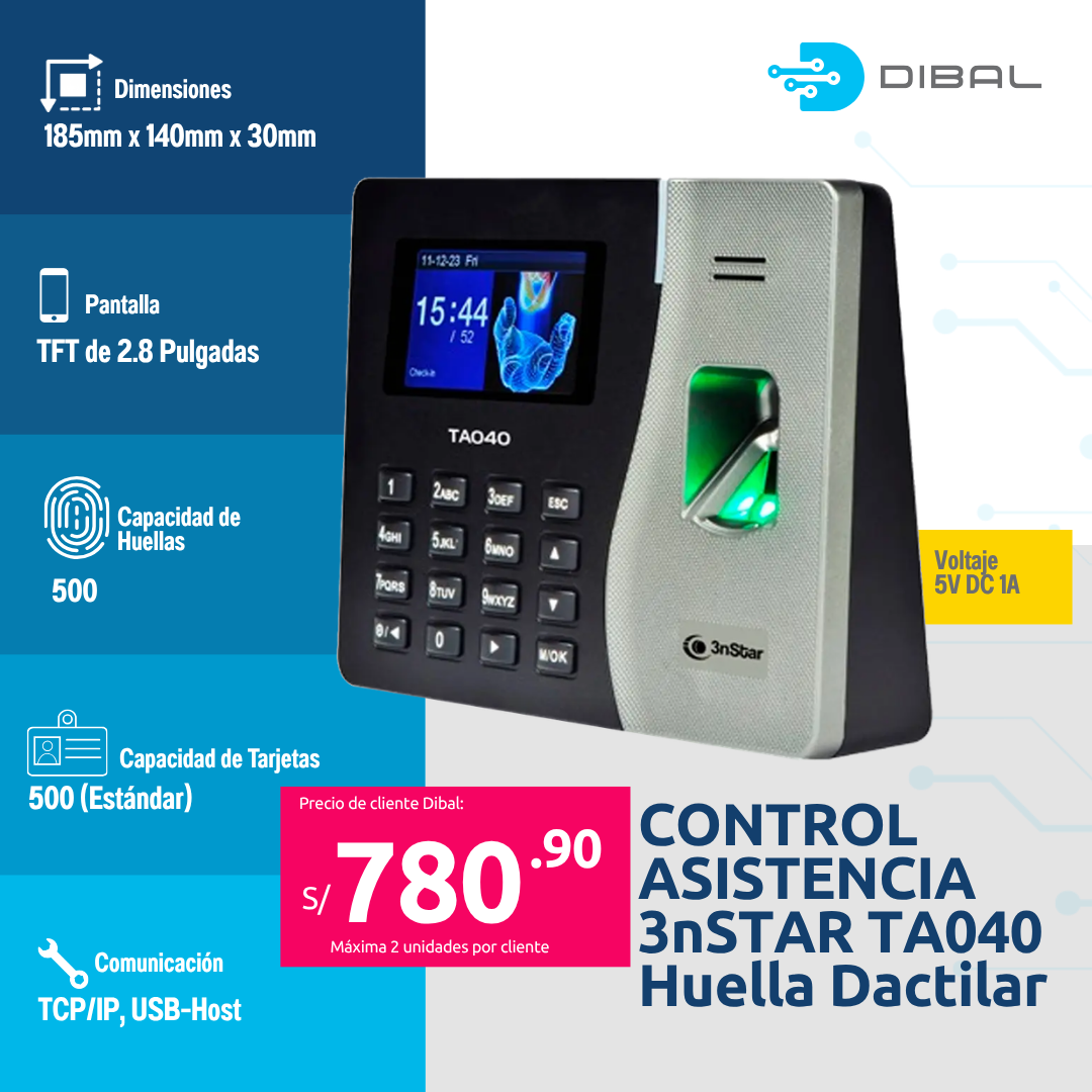 CONTROL ASISTENCIA 3nSTAR TA040 Huella Dactilar