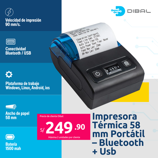 Impresora Térmica 58 mm Portátil – Bluetooth + Usb