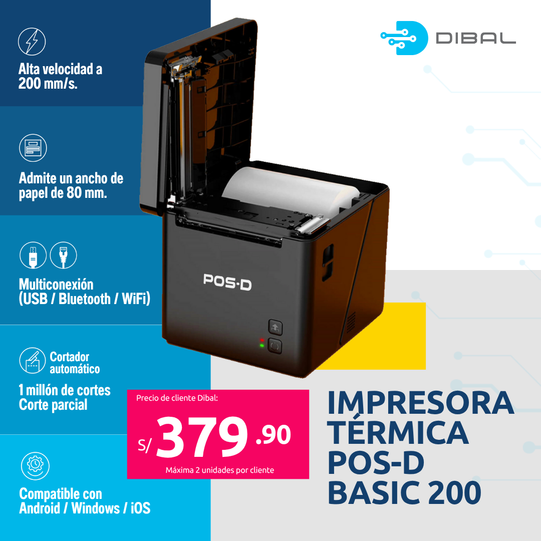 Impresora termica 80mm POS D BASIC 200 USB, Bluetooth y WiFi