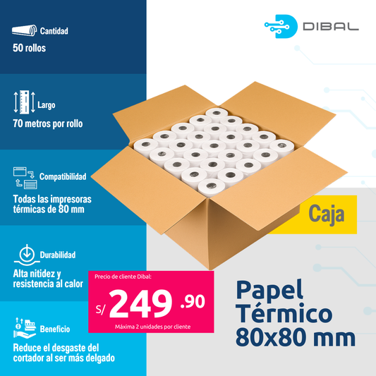 Papel térmico 80MM / 70 Metros - 50 UND