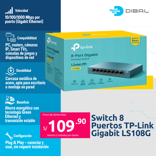 Switch 8 Puertos TP link Gigabit LS108G Metal
