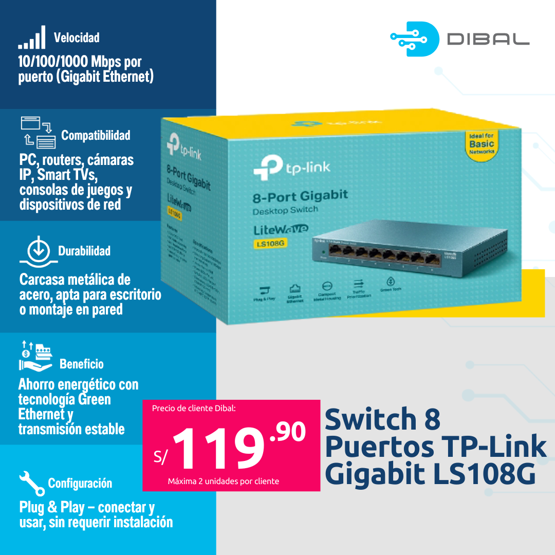 Switch 8 Puertos TP link Gigabit LS108G Metal