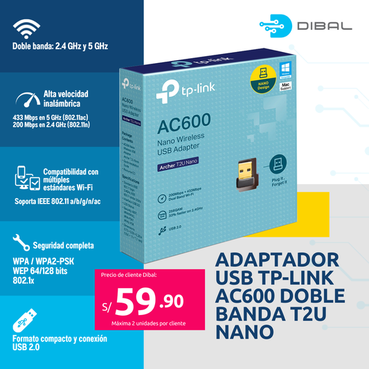 ADAPTADOR USB TP-LINK AC600 DOBLE BANDA T2U NANO