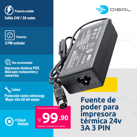 Fuente de poder para impresora térmica 24v 3A 3 PIN