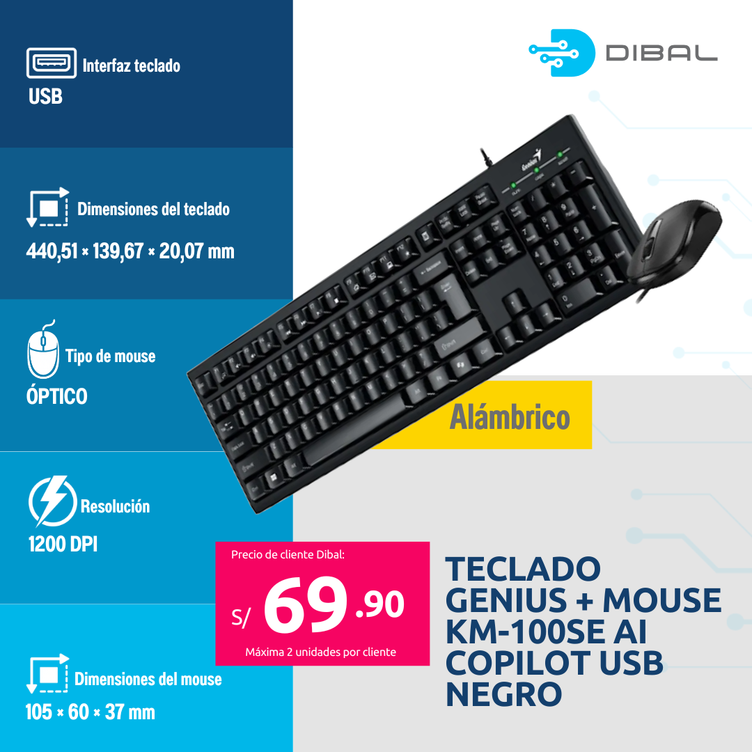 TECLADO GENIUS + MOUSE KM-100SE AI COPILOT USB NEGRO