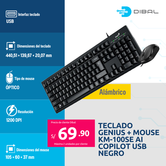 TECLADO GENIUS + MOUSE KM-100SE AI COPILOT USB NEGRO